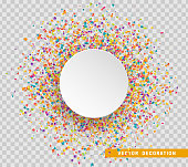 Colorful celebration background with confetti. Paper white bubble for text.