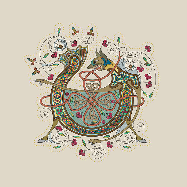 Colorful celtic illumination of the initial leter V Colorful illumination of a celtic initial letter V with gold on beige/chamois background. This ornamental and playful letter is based on a dragon with arms, legs, flowers, tendrils and endless knots (celtic knots). The shape of the letters refers to the unziale (medieval type form). Similar illustrations are known from the various illuminations in medieval, celtic books such as the "book of kells" and the "Lindisfarne gospels". drawing of a fancy letter v stock illustrations