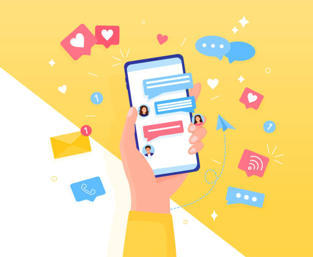 ilustrações de stock, clip art, desenhos animados e ícones de colorful chatting concept hand holds a smartphone. icons, text messages, messages, notifications fly out of the screen. communication and conversation by phone easily edit or overlay additional items - orkut