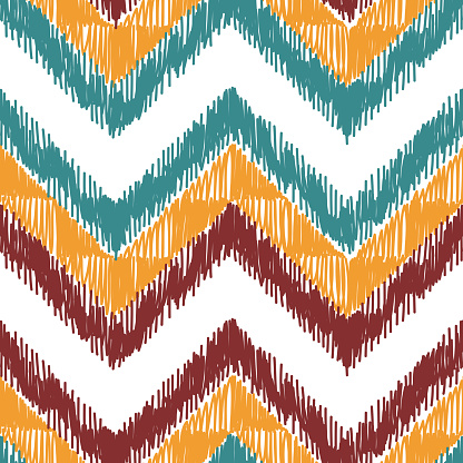 Colorful Chevron Ikat Seamless Pattern. Hand Drawn Doodle Multicolor Stripes. Vector Zig zag Striped Abstract Background
