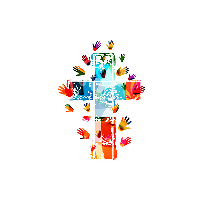 Colorful Christian cross with human hands isolated vector illustration. Religion themed background. Design for Christianity, church charity, help and support, prayer and care