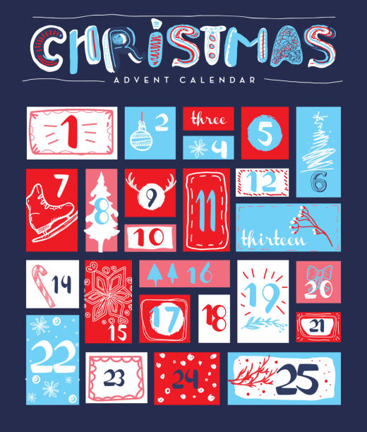 Vector illustration of a Colorful Christmas Holiday Advent calendar Design set with line icons and number designs. Easy to edit with layers. EPS 10.