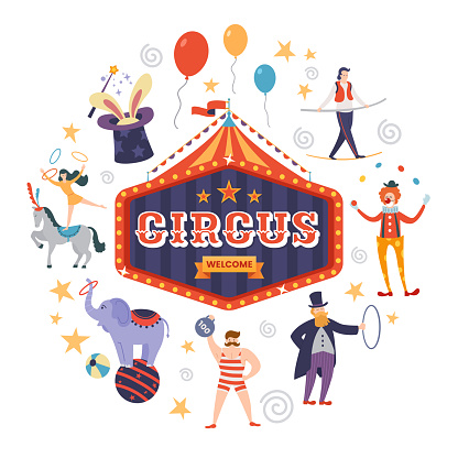 Colorful circus sign with text, tent and ribbon in retro style. Funny circus artists and animals. Vector illustration.