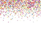 Abstract background with colorful confetti. Vector illustration of many falling sprinkles. Seamless border pattern. Isolated on white.
