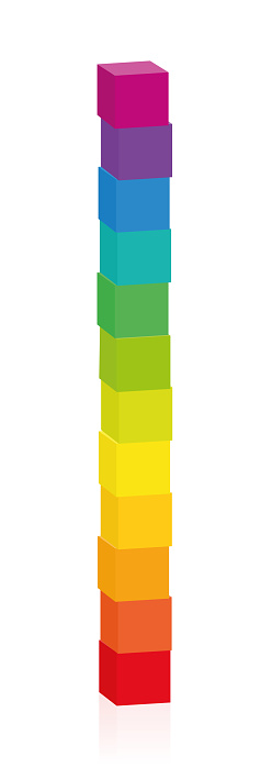 Colorful cube tower. Set of 12 colorful cubes sorted by rainbow colors, stacked on top of each other. Isolated vector illustration on white background.