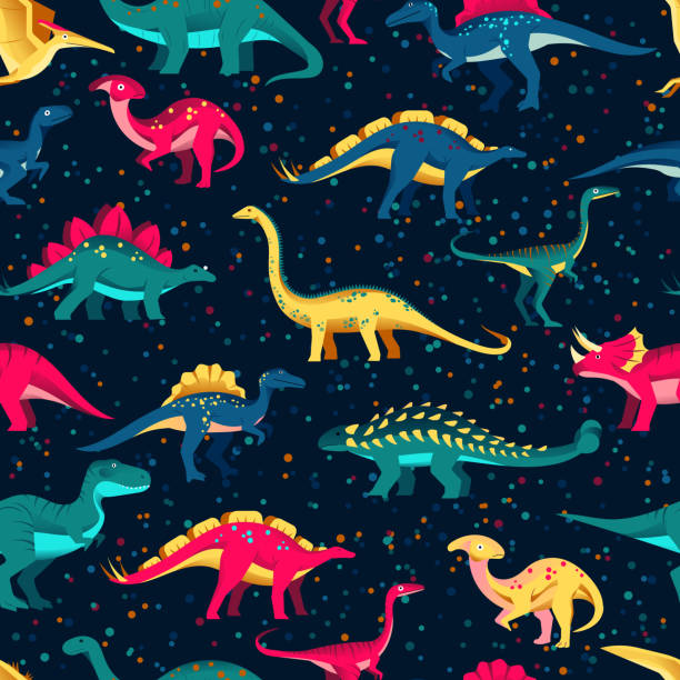 Colorful cute dinosaurs on black background. Vector seamless pattern. Fun textile cartoon kids print design Colorful cute dinosaurs on black background. Vector seamless pattern. Fun textile cartoon kids print design. dinosaur stock illustrations