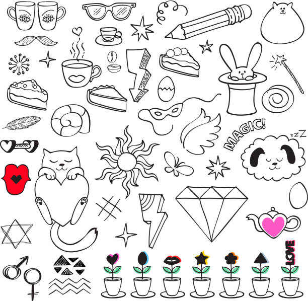 bunte doodle icons set - schmetterling auge stock-grafiken, -clipart, -cartoons und -symbole