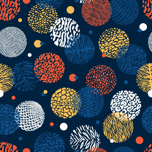 다채로운 낙서 야생 동물 인쇄 서클 벡터 원활한 패턴. 야생 동물 피부 추상적 배경 - bengals stock illustrations