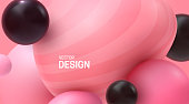 Colorful dynamic particles. Abstract background. Vector 3d illustration. Colliding smooth spheres. Pink bubble gum soft shapes. Decoration element for cosmetics or beauty industry banner design