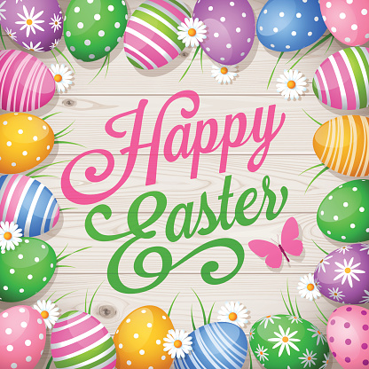 Colorful Easter eggs on wooden background and text Happy Easter