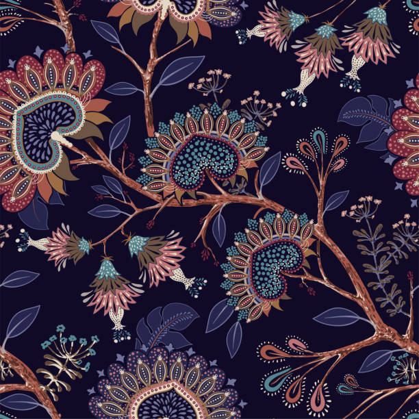 五顏六色的花卉裝飾圖案。向量印尼花卉蠟染。向量印度背景。在黑暗的背景上,風格化的花朵和形狀。面料、地毯、封面、紡織品、枕頭設計 - 印尼文化 幅插畫檔、美工圖案、卡通及圖標