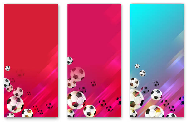 Colorful football backgrounds with soccer balls. Red, pink and blue football cards with soccer balls. Vector sport illustration. pink soccer balls stock illustrations