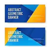 Colorful geometric banner background in blue and yellow. Universal trend of halftone geometric shapes. Modern vector illustration