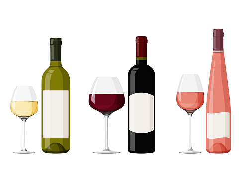 Colorful glass wine bottles with wineglasses. Realistic vector illustration. Red, white and pink wine.