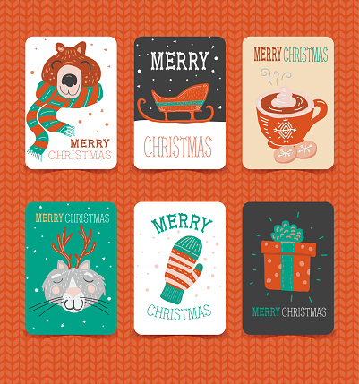 Colorful Hand drawn Merry Christmas Holiday Greeting card collection on knitted background