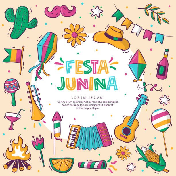 ilustrações, clipart, desenhos animados e ícones de coleção colorida desenhada à mão festa junina - festa junina