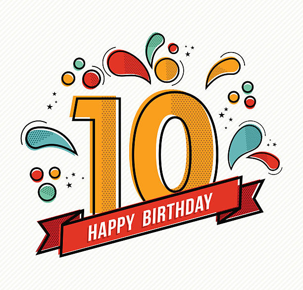 Colorful happy birthday number 10 flat line design Happy birthday number 10, greeting card for ten year in modern flat line art with colorful geometric shapes. Anniversary party invitation, congratulations or celebration design. EPS10 vector. 10 11 years stock illustrations