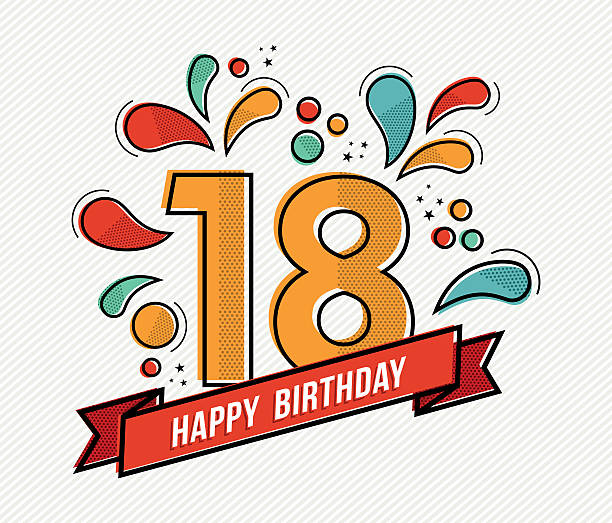Colorful happy birthday number 18 flat line design Happy birthday number 18, greeting card for eighteen year in modern flat line art with colorful geometric shapes. Anniversary party invitation, congratulations or celebration design. EPS10 vector. 18 19 years stock illustrations