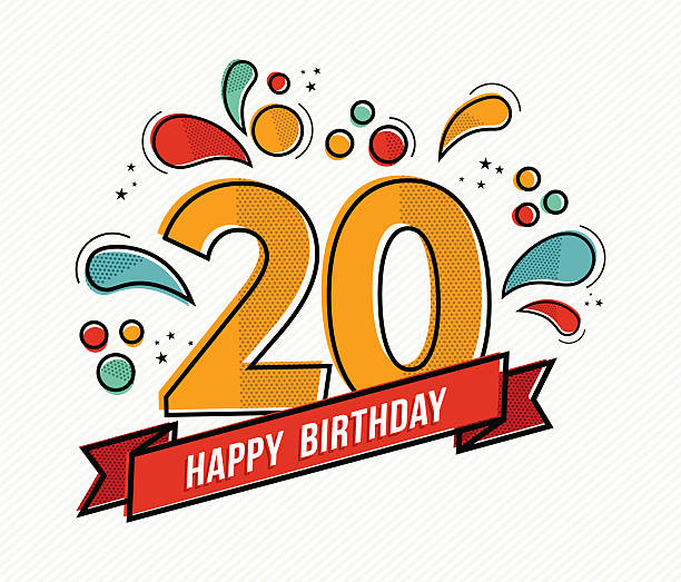 Colorful happy birthday number 20 flat line design Happy birthday number 20, greeting card for twenty year in modern flat line art with colorful geometric shapes. Anniversary party invitation, congratulations or celebration design. EPS10 vector. 20 24 years stock illustrations