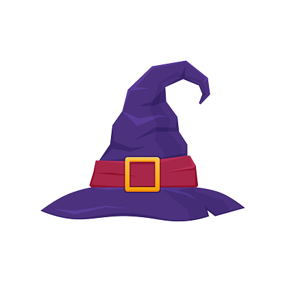Colorful hat, witch, wizard. Mystical hat with ribbon and buckle