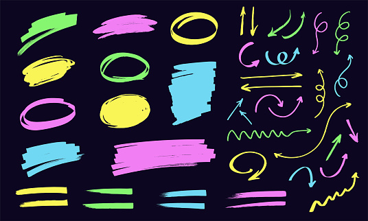 Colorful highlighters, arrows and bubbles set. Yellow, green, purple and blue markers isolated on dark background.