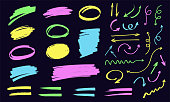 Colorful highlighters, arrows and bubbles set. Yellow, green, purple and blue markers isolated on dark background. Hand drawn brush lines. Artistic design elements, boxes, frames for text