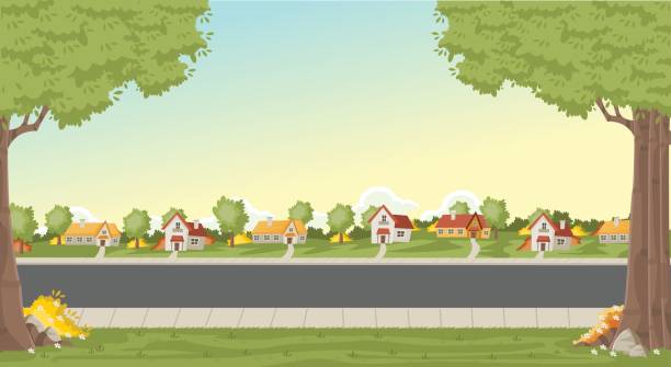 Colorful houses in suburb neighborhood. Colorful houses in suburb neighborhood. Green park landscape with grass, trees, flowers and clouds. sidewalk stock illustrations