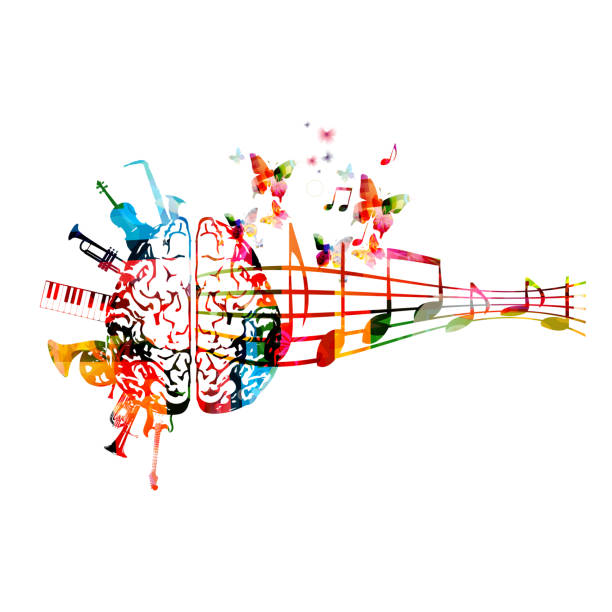 Colorful human brain with music notes and instruments Colorful human brain with music notes and instruments isolated vector illustration design. Artistic music festival poster, live concert events, party flyer performance clipart stock illustrations