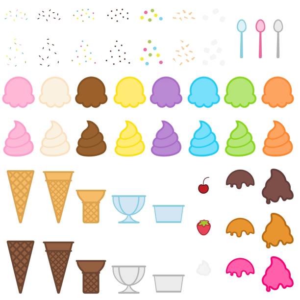Colorful Ice Cream and Toppings Vector Illustration Set Cute, colorful collection of ice cream and topping illustrations. bowl of ice cream stock illustrations