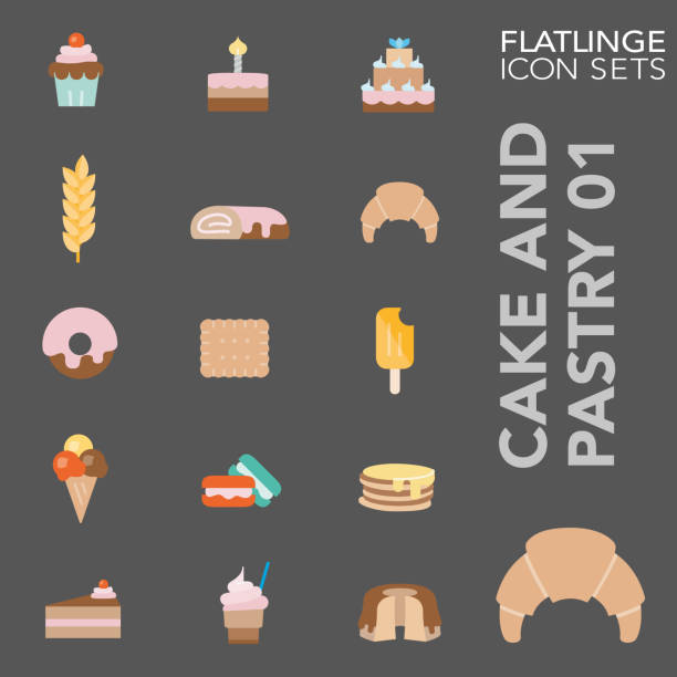 Colorful icon set of Cake and Pastry 01 High quality colorful icons of sweets and cake. Flatlinge are the best pictogram pack, unique design for all dimensions and devices. Vector graphic, Logo, symbol and website content. coffee cake stock illustrations