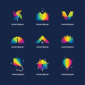 Bright colorful icons set with book, windmill toy, butterfly, peacock, house roof, lotus flower, kite and air balloon isolated on dark blue background. Vector symbol for children, kids design concept.