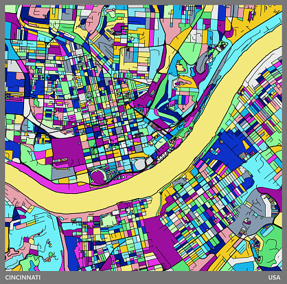 colorful Illustration style city map,Cincinnati city,USA