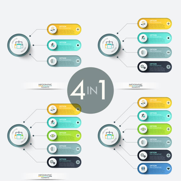 Colorful infographic design templates Collection of diagrams with main circle connected to rounded elements with thin line pictograms and place for text inside. Colorful infographic design templates. Vector illustration for presentation. five people stock illustrations