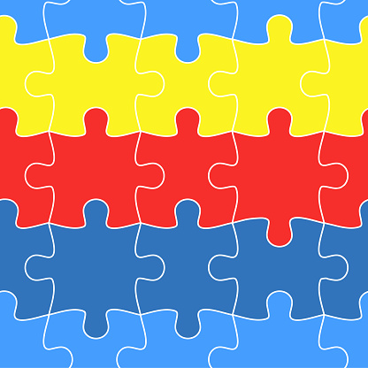 Colorful jigsaw. Seamless puzzle pattern. Autism background. World autism awareness day. Childish design template. Vector Illustration. EPS10.
