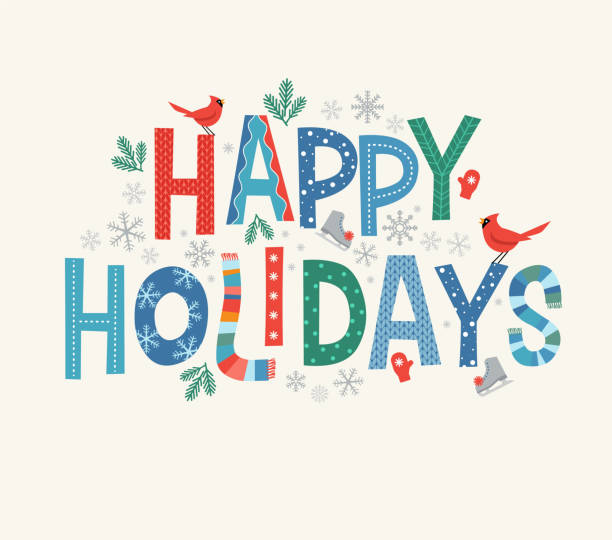 ilustraciones, imágenes clip art, dibujos animados e iconos de stock de coloridas letras happy holidays con elementos decorativos de diseño de temporada. - happy holidays