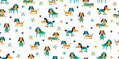 istock Colorful little dog pattern with childish style isolated on white background. Seamless pattern of puppies with scandinavian style. 1272719984