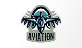 Colorful logo, badge, emblem of military fighter plane. Aircraft, air patrol, aviation, sky defenders, bomber, rockets, shield, lettering. Vector illustration.