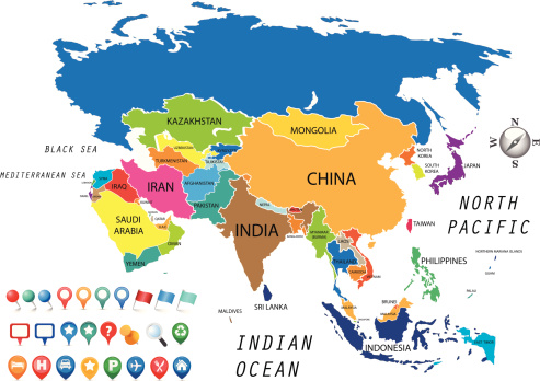 colorful map of asia continent
