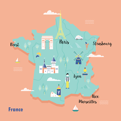 Colorful map of France in retro style with popular landmarks.