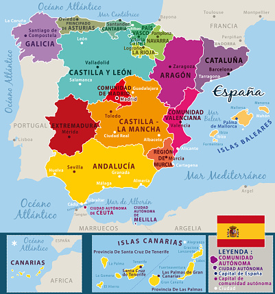 連邦国および重要な都市スペインのカラフルなマップ。ベクトル地図作成。 - イラスト素材...