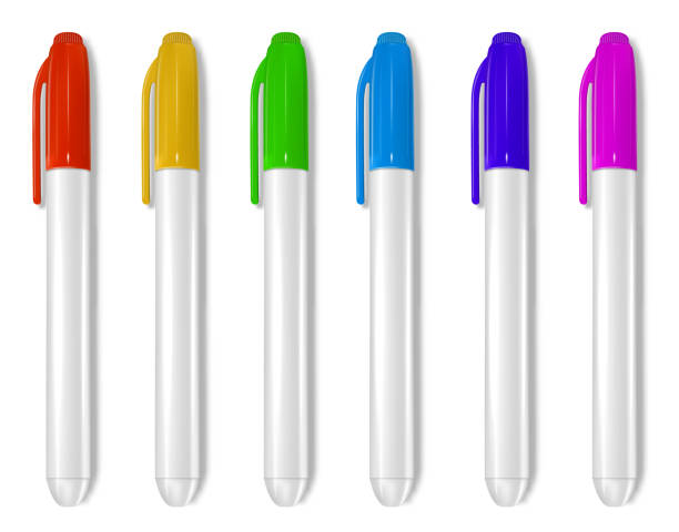 colorful marker pen Whiteboard markers collection. Markers of different colors, consumables for home and office. Back to school. In a realistic style. Set of icons. Isolated on a white background. Vector illustration. whiteboard marker stock illustrations