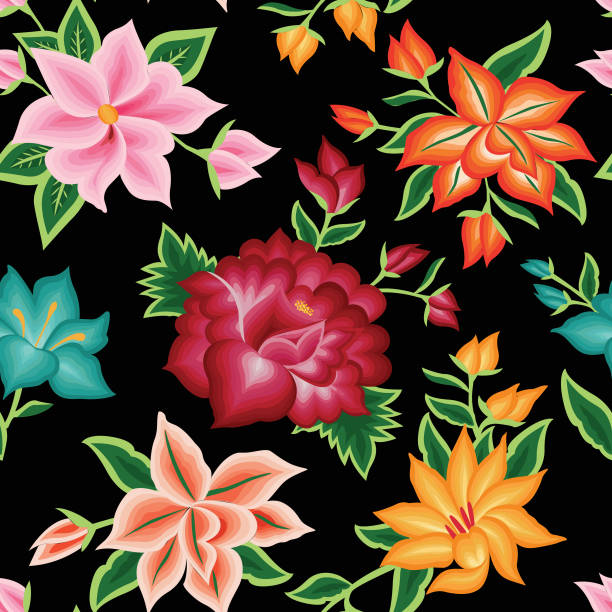 bildbanksillustrationer, clip art samt tecknat material och ikoner med färgglada mexikansk traditionell textil broderier stil från oaxaca; méxico – blommig textur - palettblad