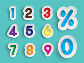 Colorful Number 1 2 3 4 5 6 7 8 9 0 and % Text in Paper cut Style on Blue Background