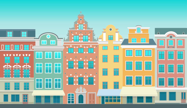 bildbanksillustrationer, clip art samt tecknat material och ikoner med färgstarka gamla stan i stockholm - stortorget plats i gamla stan. stiliserad platt mycket detaljerad illustration av en gammal europeisk stad - villa sverige