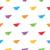 Vector seamless pattern of colorful little paper airplanes flying on a white square background.