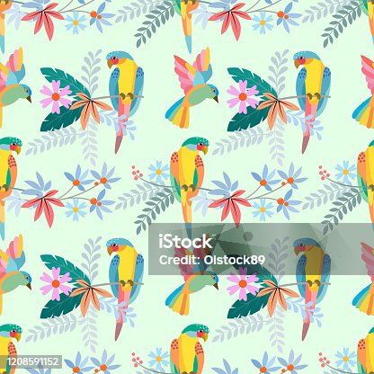 istock Colorful parrot on branch with flowers seamless pattern. 1208591152