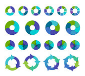 Vector illustration colorful pie chart collection with 3,4,5,6 and 7,8 sections or steps