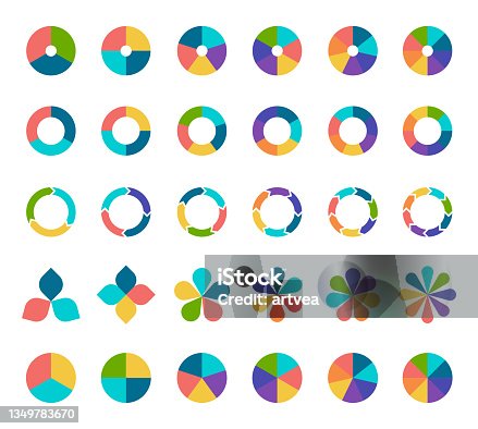 istock Colorful pie chart collection with 3,4,5,6 and 7,8 sections or steps. 1349783670