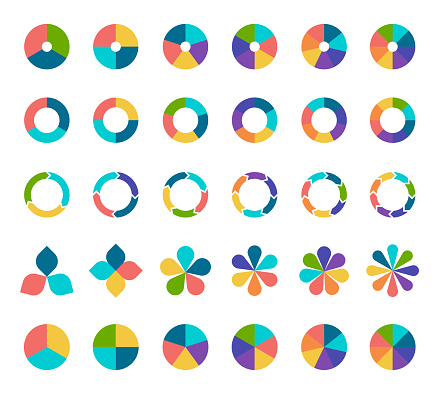 Colorful pie chart collection with 3,4,5,6 and 7,8 sections or steps.