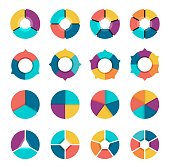 Vector illustration colorful pie chart collection with 3,4,5,6 sections or steps.